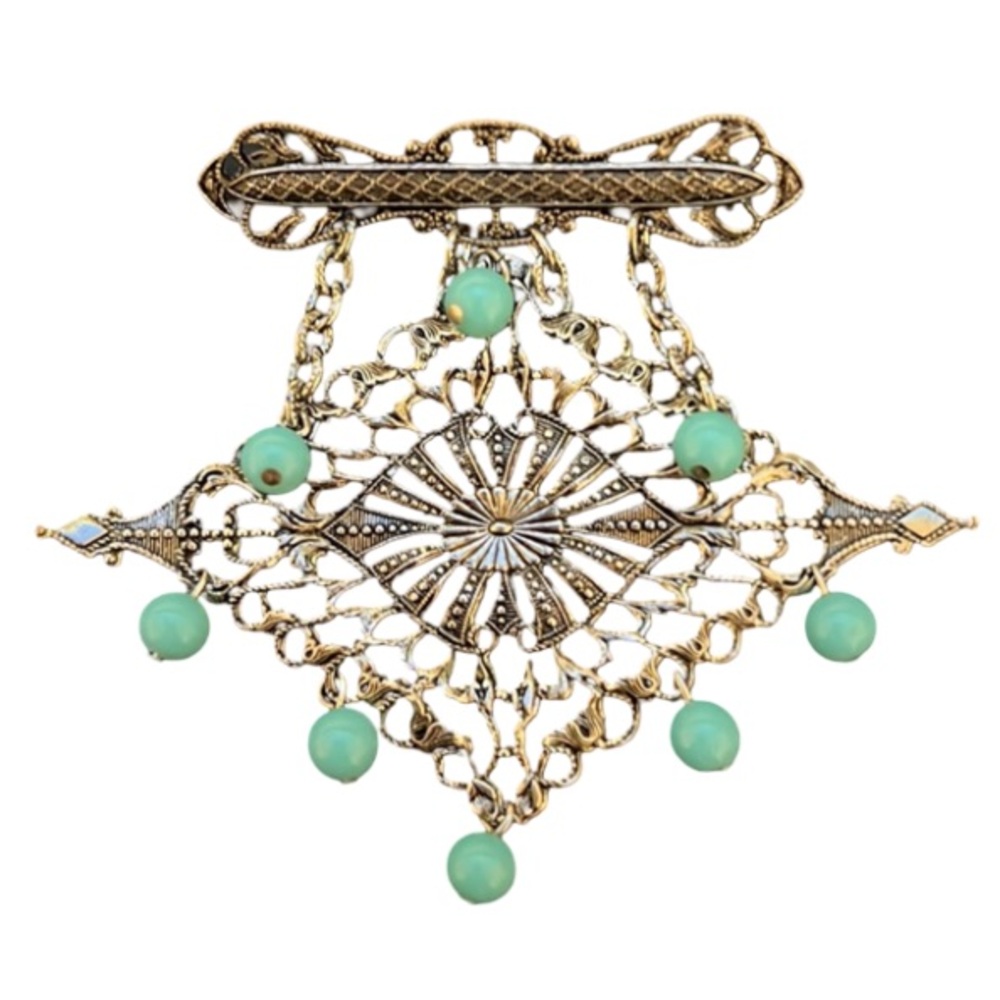 Vintage Art Deco Silver Filagree Jade Lucite Beaded Charm Drop Bar Brooch
